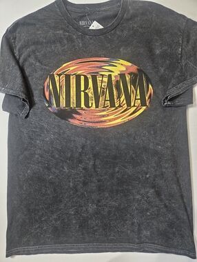 NWT Nirvana T-shirt Mens XL Distressed Black Orange Spellout Logo 90s Grunge Tee